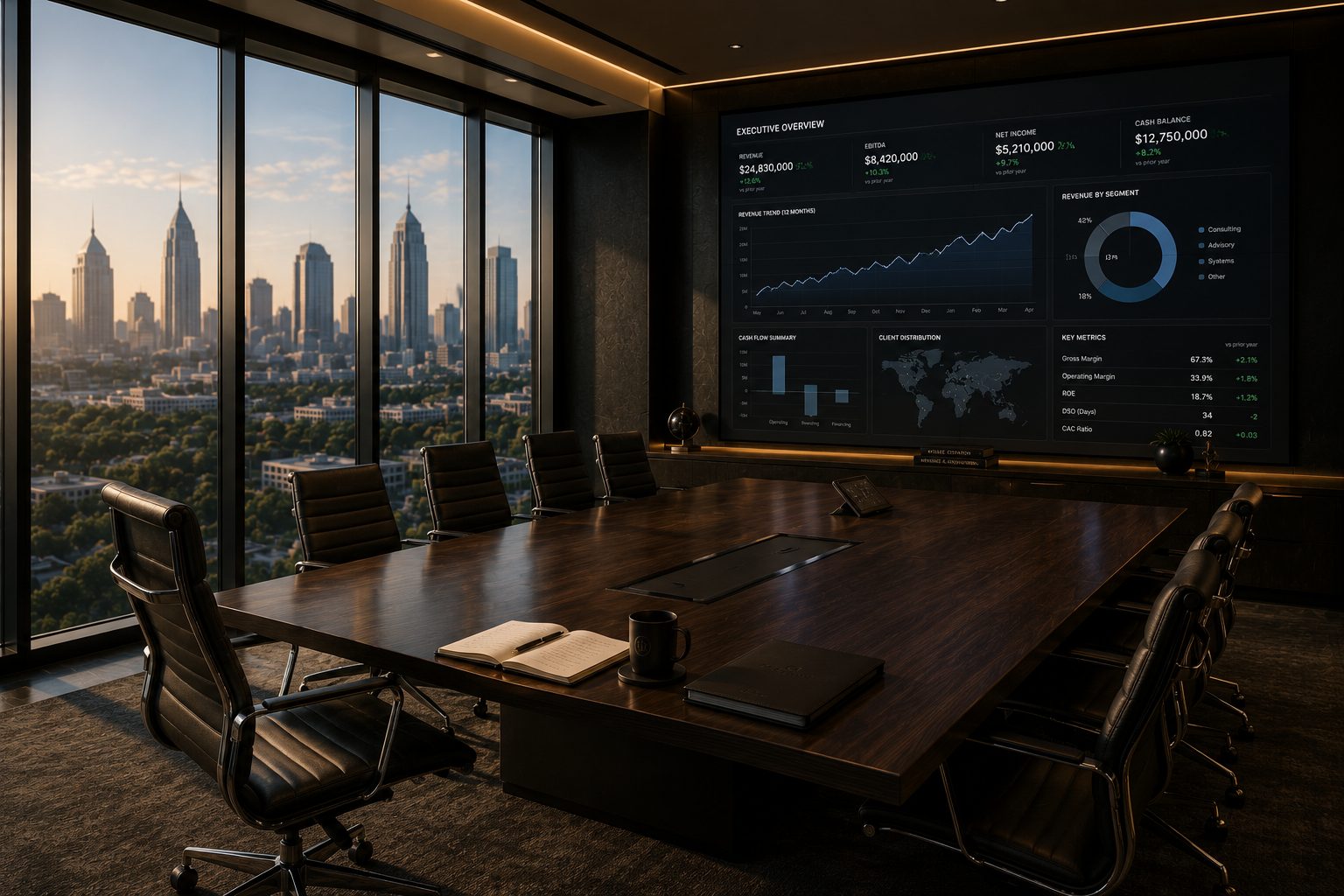Executive boardroom with a financial operating dashboard
