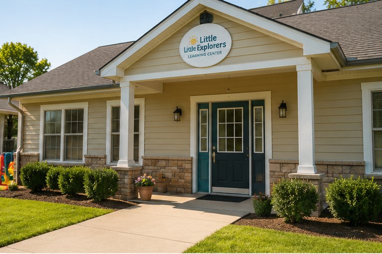 The exterior of a small childcare center on a spring morning