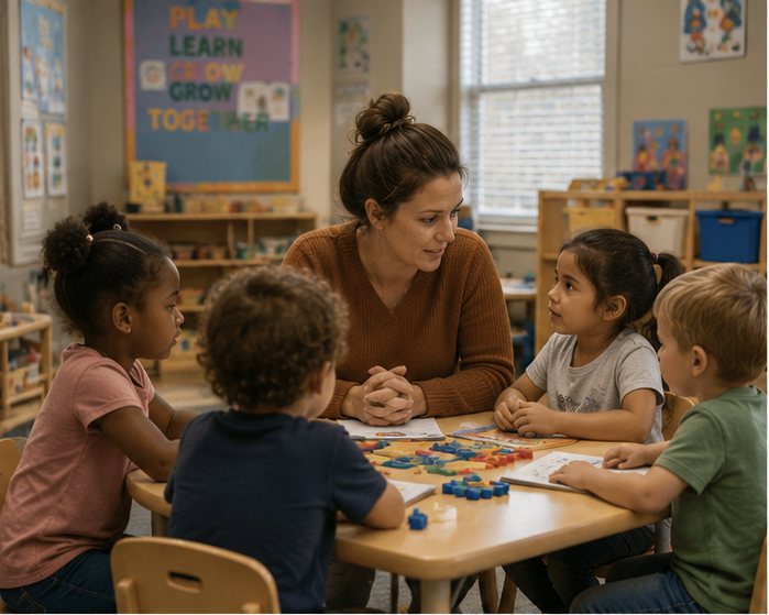 A teacher working with a small group of children at a table