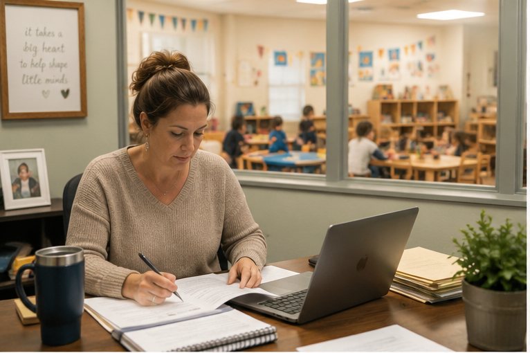 A center director at her desk, classroom visible through the window