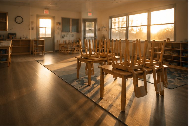 An empty classroom at the end of the day, chairs stacked, evening light