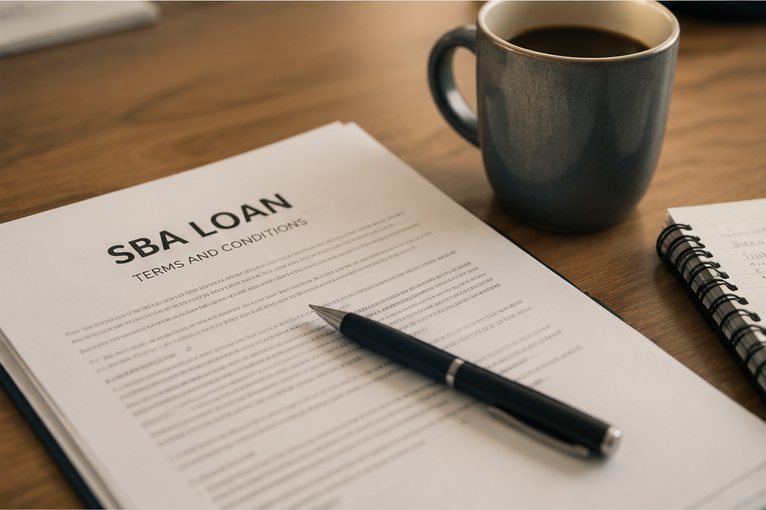 Loan paperwork and a pen on a desk