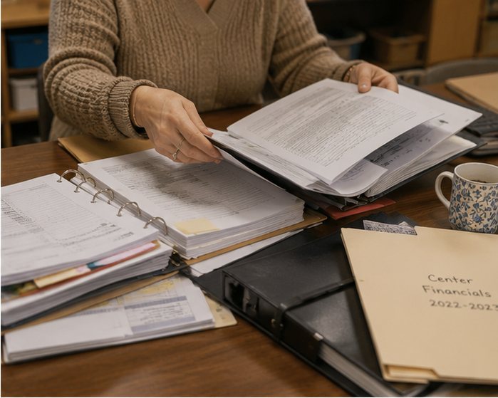Going through a center's financial records, binder by binder